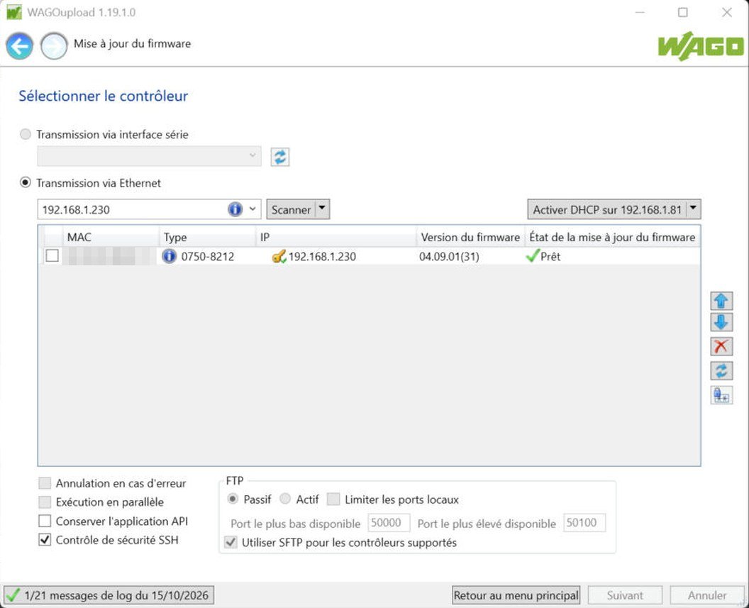 Sélection de l'automate à mettre à jour, avec sa version de firmware actuelle