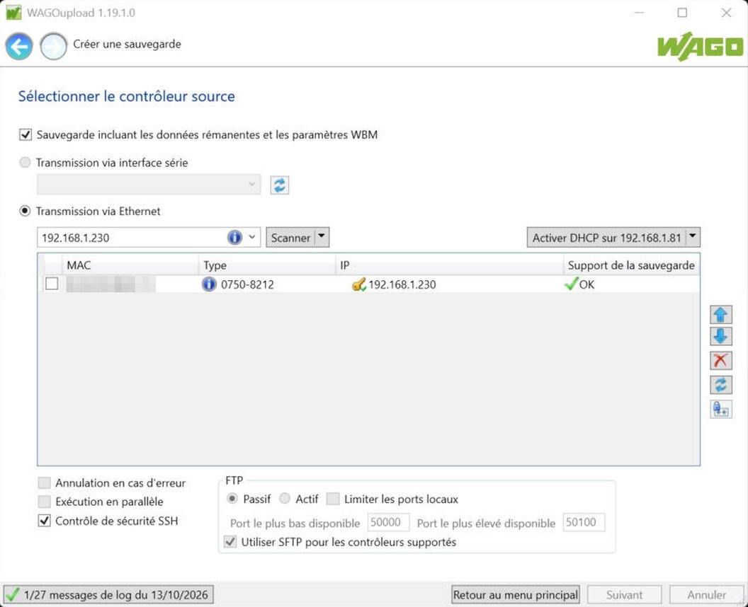 Sélection de l'automate à sauvegarder dans WAGOupload