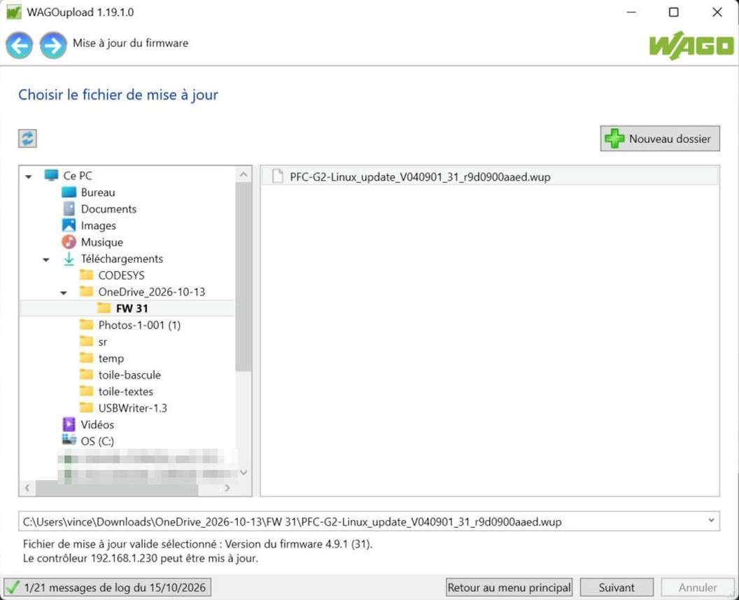 Choix du fichier .wup du firmware dans WAGOupload