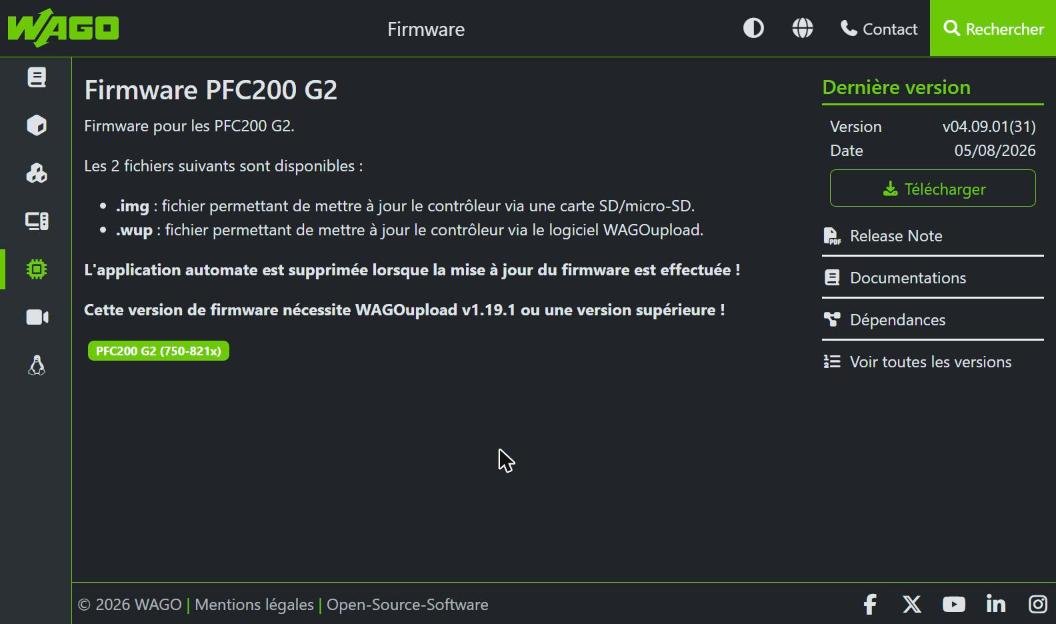 Fiche du firmware PFC200 G2 : version, fichiers .img et .wup, version de WAGOupload requise