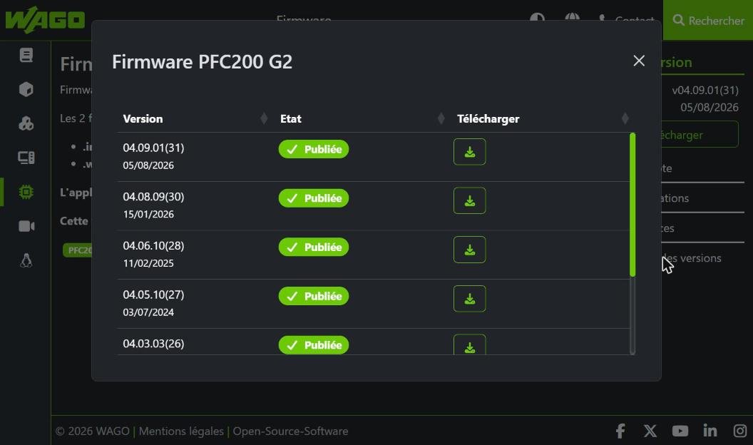 Liste de toutes les versions publiées du firmware PFC200 G2