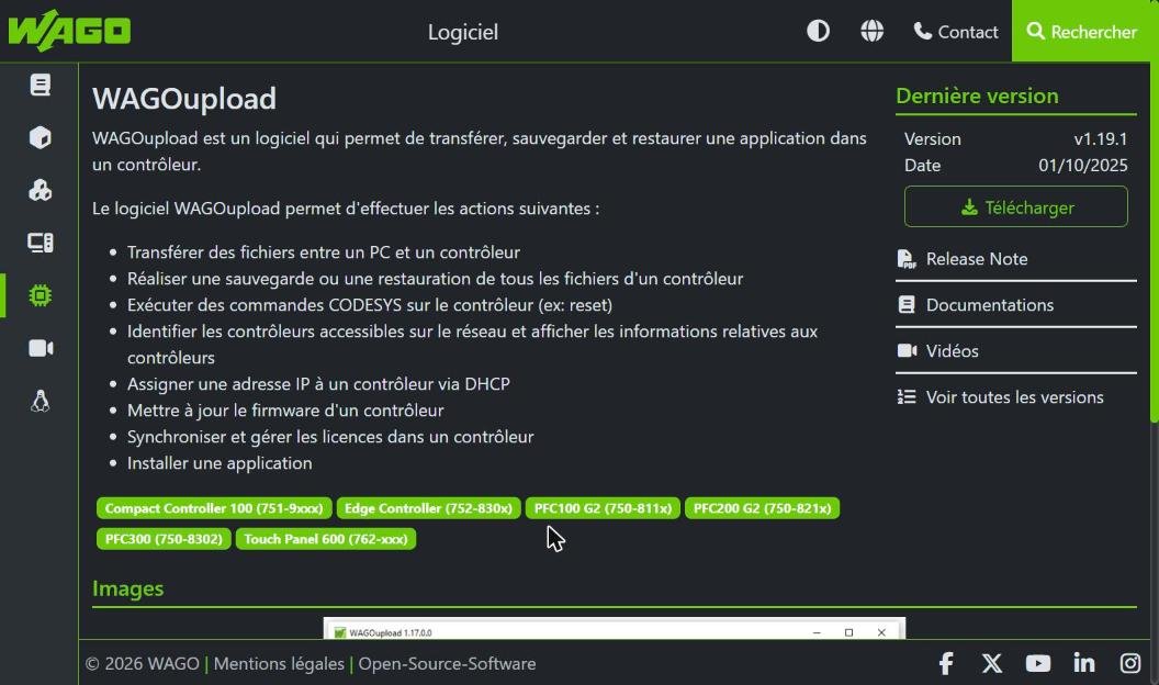 Fiche du logiciel WAGOupload sur le site Support WAGO